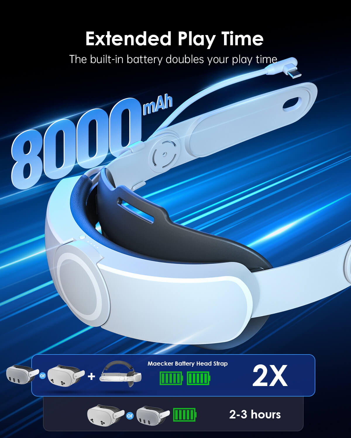 Maecker VR battery head strap with built-in battery to extend playtime on Meta Quest 3