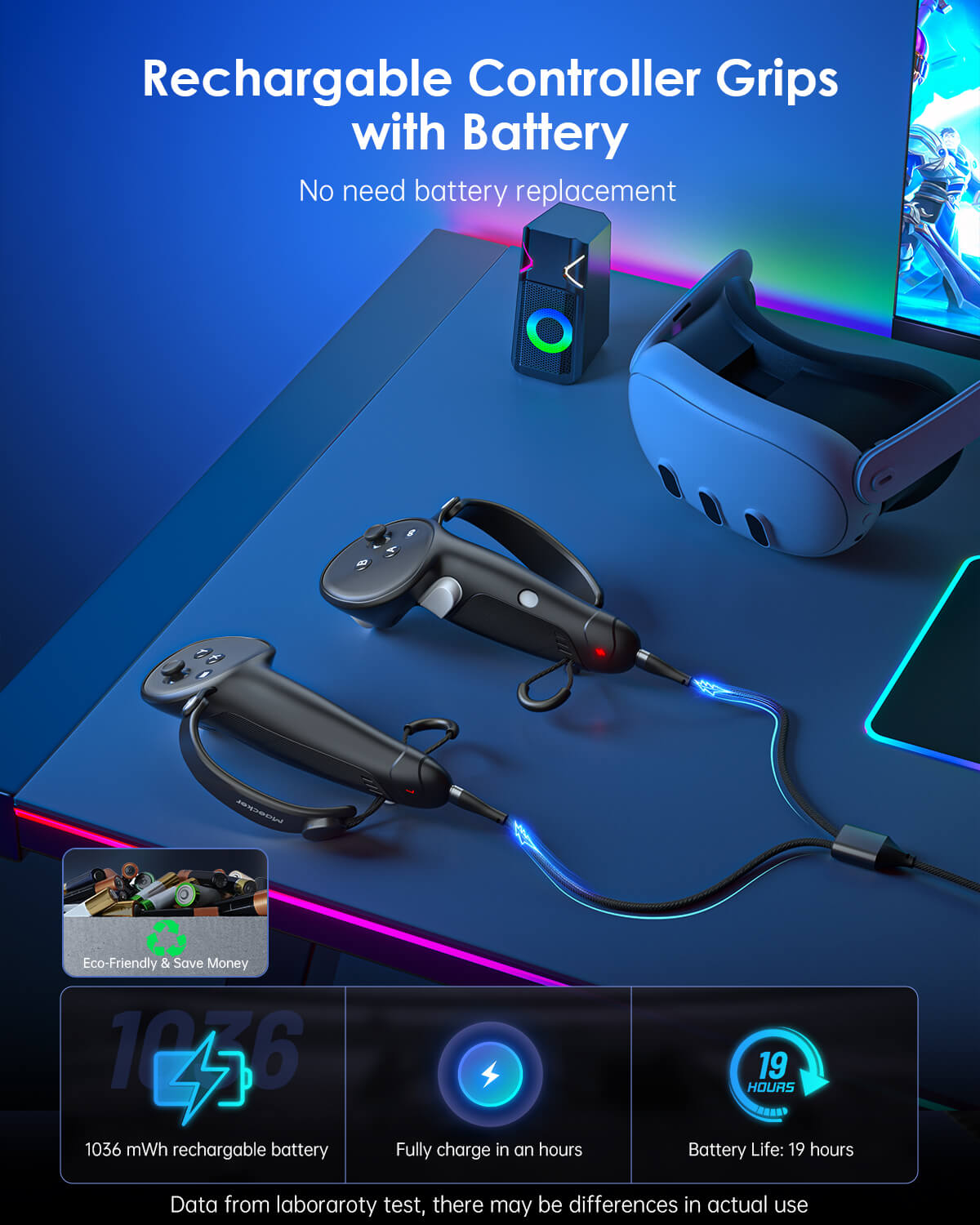 rechargeable controller grips with built-in battery, no need to replace batteries