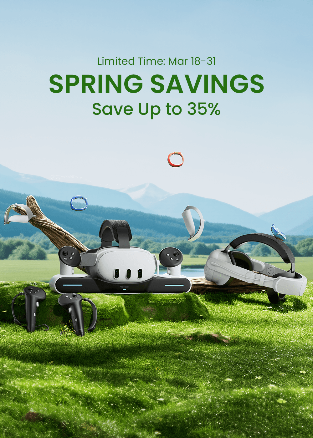 Spring savings advertisement with Quest 3 charging dock and controller grips on a grassy field with mountains in the background.