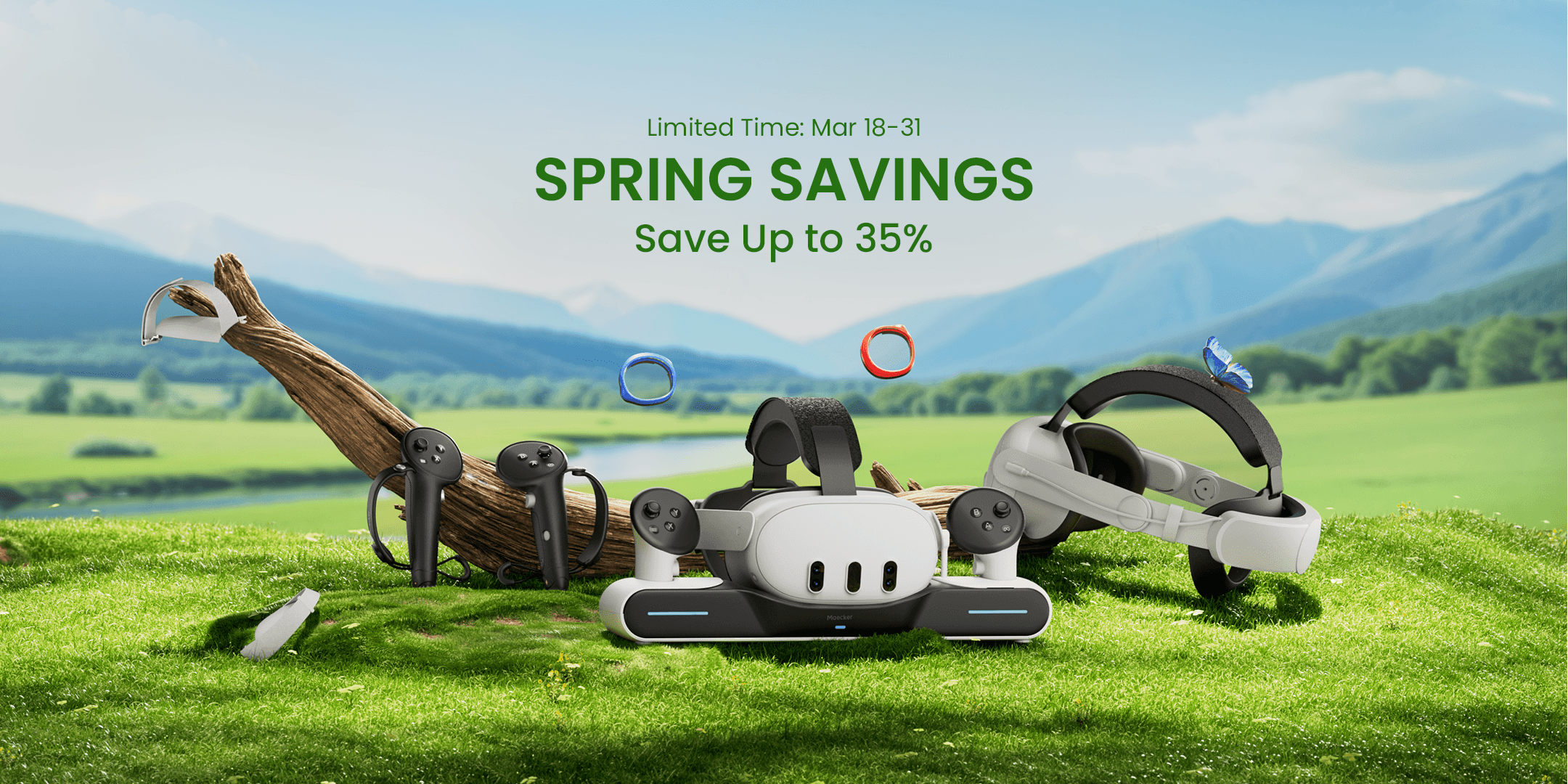 VR accessories including a Quest 3 charging dock and controller grips on grass with mountains in the background, promoting spring savings.
