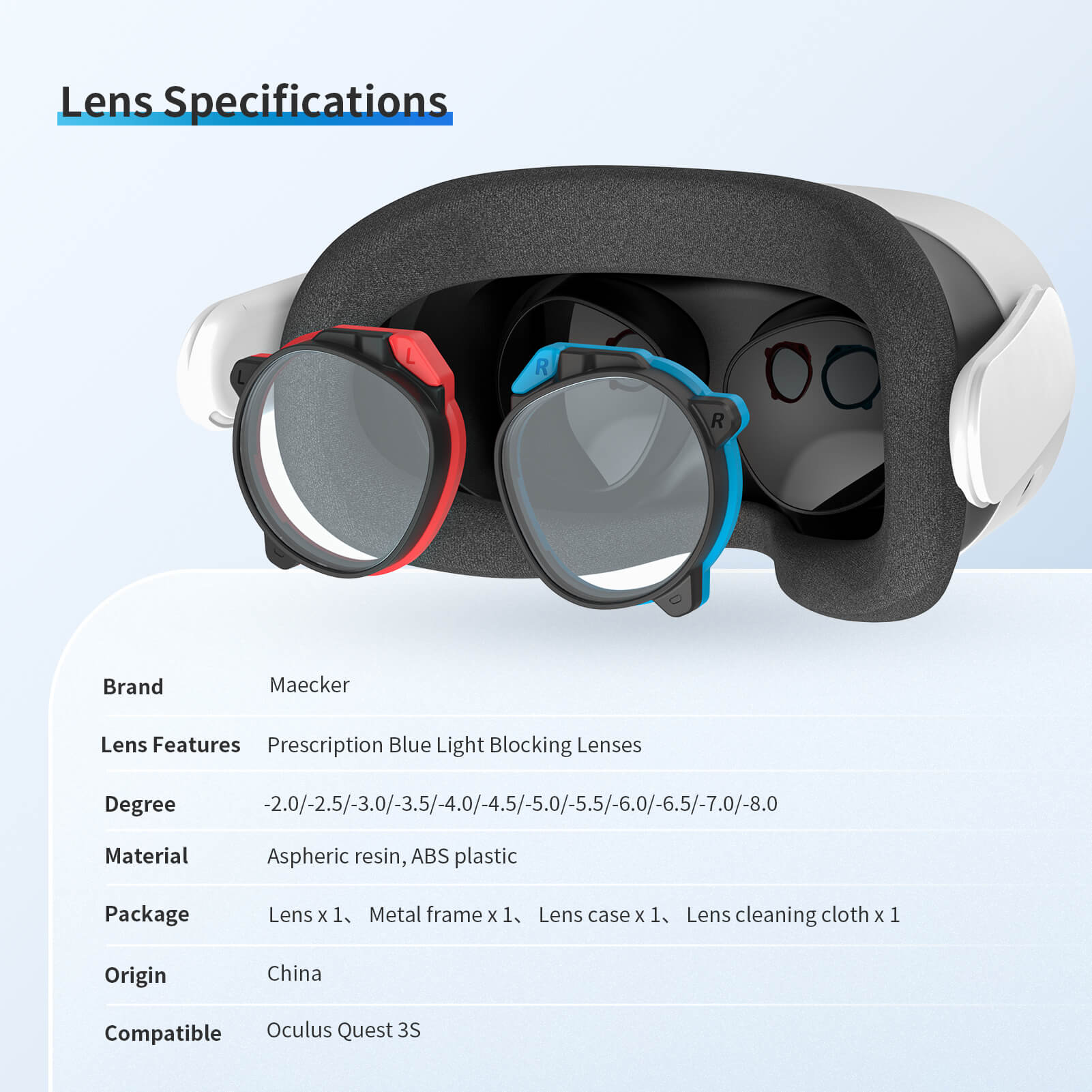 MaeckerVR Plano Lenses with Blue Light Protect for Quest 3S