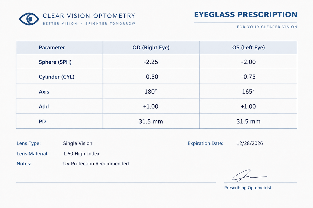 Example eyeglass prescription