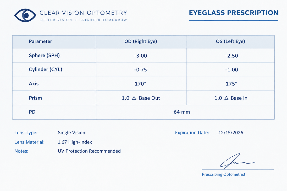 Example eyeglass prescription
